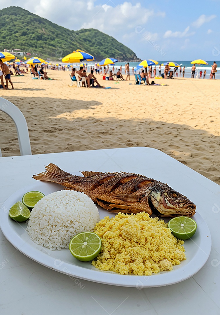 Bela refeição sobre mesa de plástico em uma linda praia com banhistas