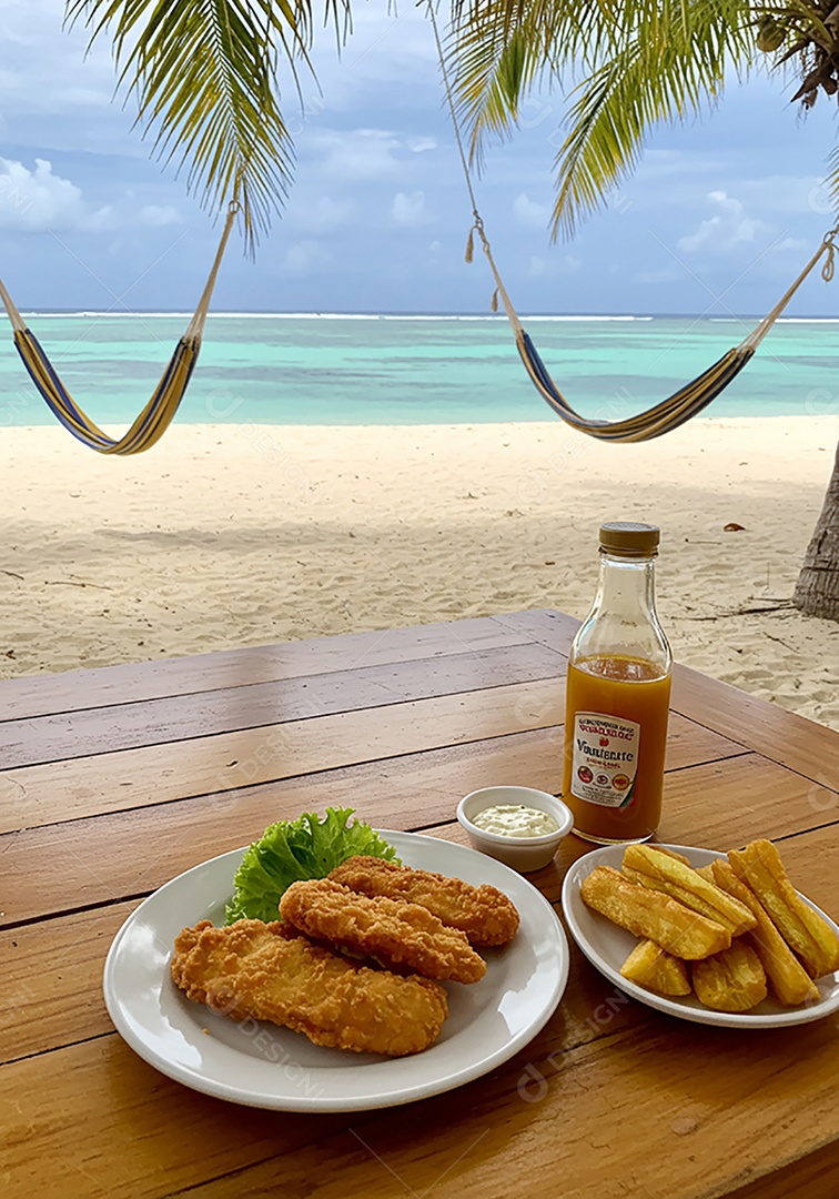 Belos petiscos trópical em pratos sobre mesa em uma linda praia