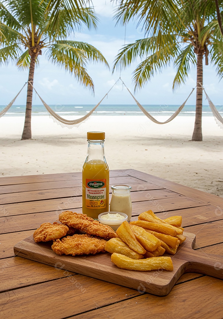 Belos petiscos trópical em tábua sobre mesa em uma linda praia