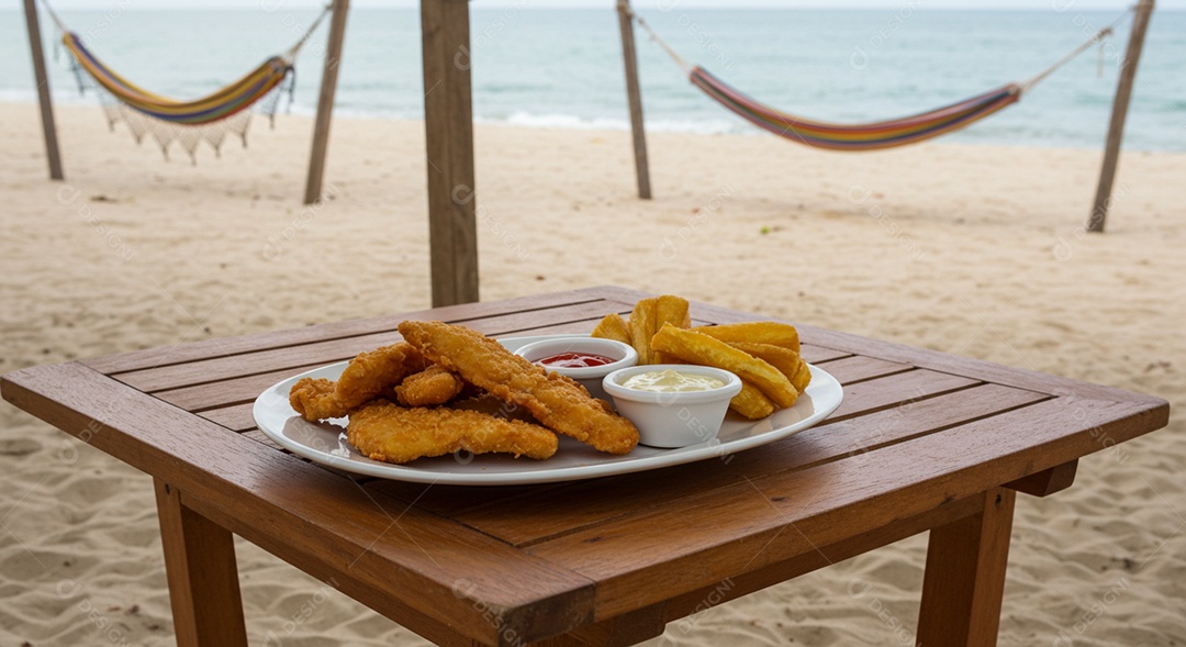 Petiscos de filé de peixe sobre um prato em uma linda praia