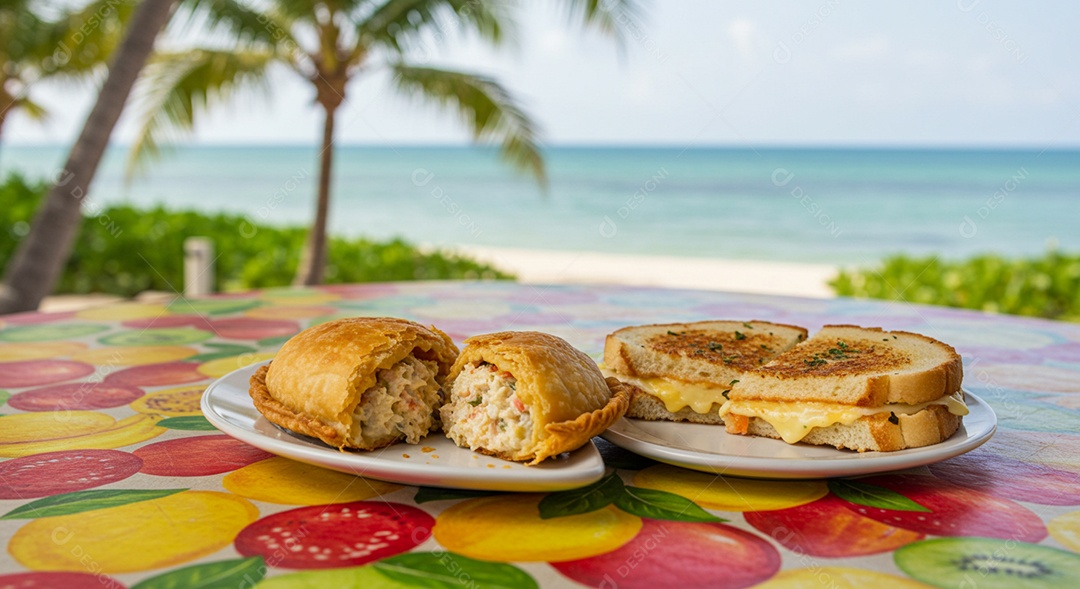 Belos lanches trópical em pratos sobre mesa em uma linda praia