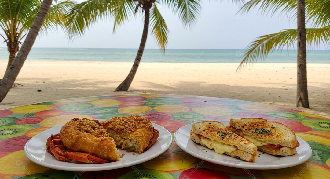 Belos lanches trópical em pratos sobre mesa em uma linda praia
