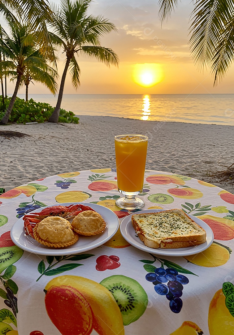 Bela refeição em um prato sobre mesa em um lindo pôr do sol em uma praia