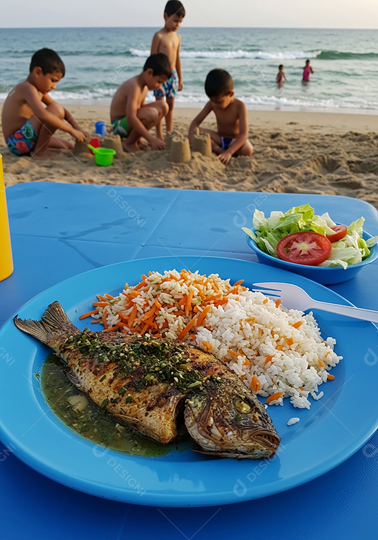 Bela refeição sobre mesa de plástico em uma linda praia com banhistas