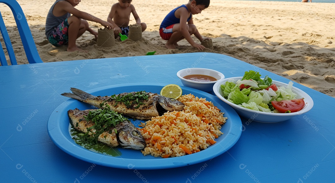 Bela refeição sobre mesa de madeira em uma linda praia com banhistas