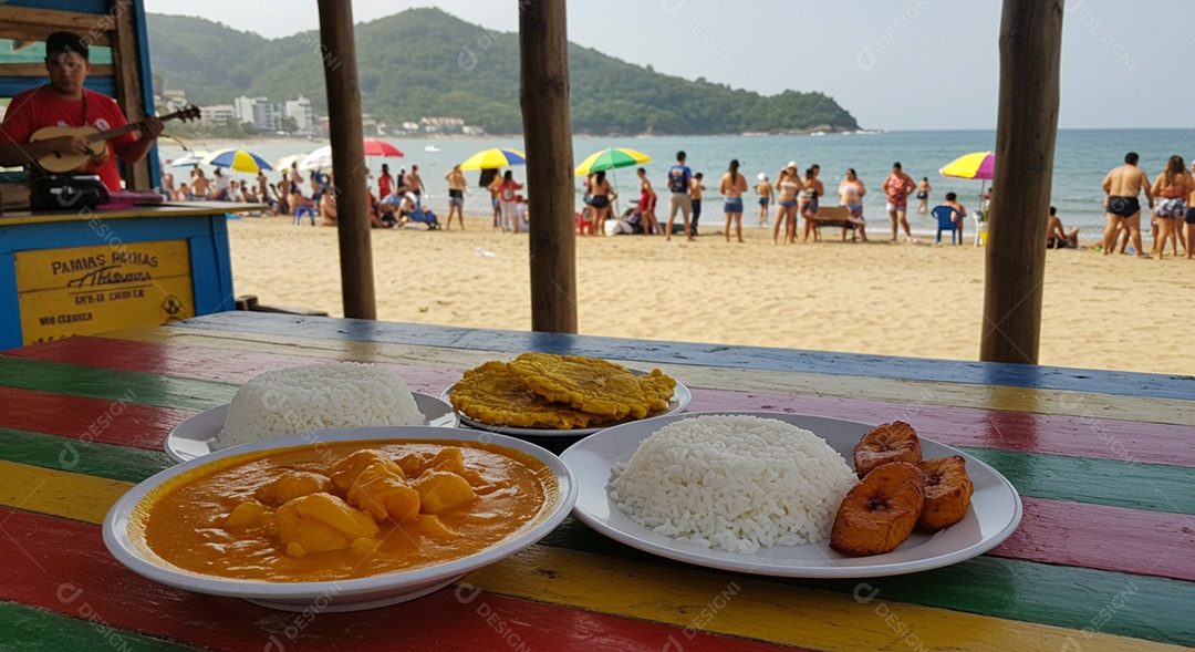 Bela refeição sobre mesa de plástico em uma linda praia com banhistas