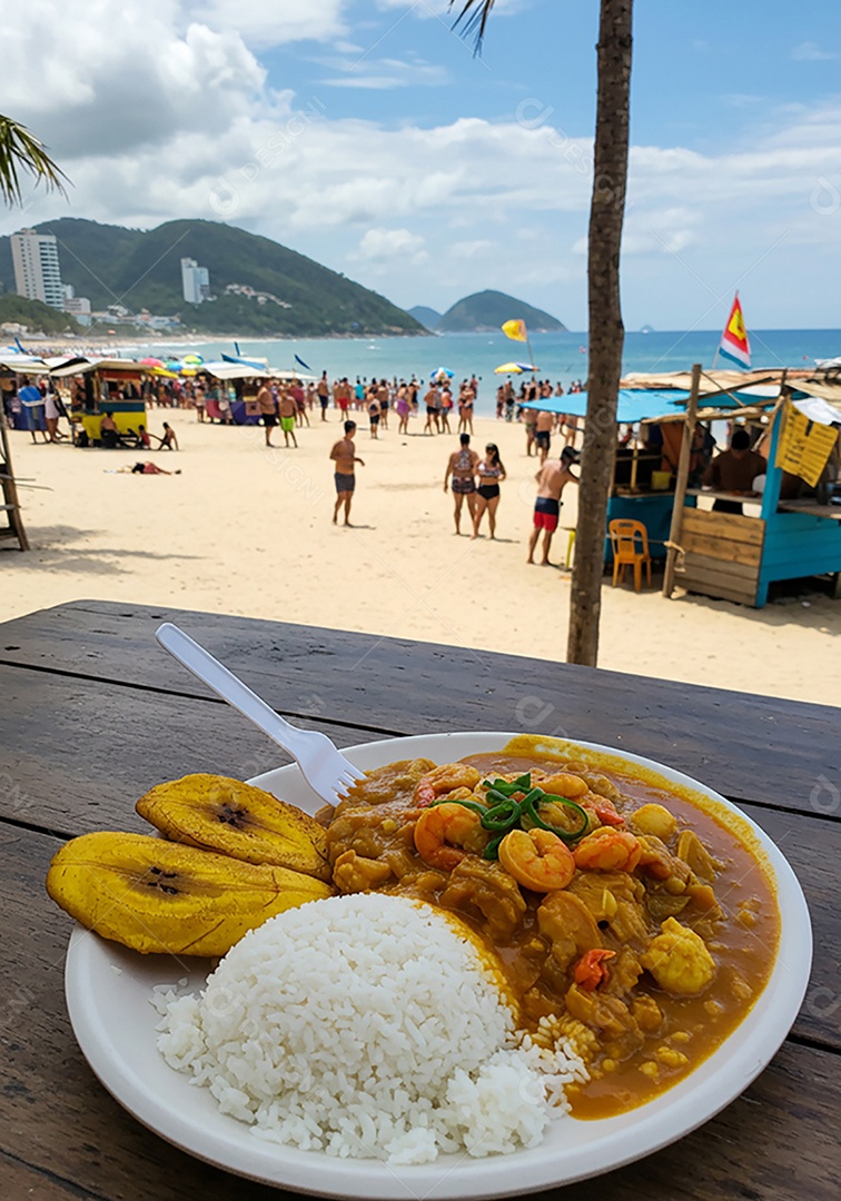 Bela refeição sobre mesa de plástico em uma linda praia com banhistas