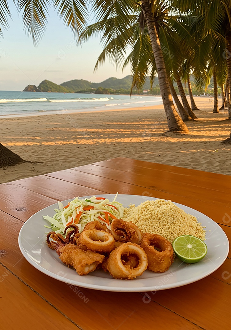 Bela refeição em um prato sobre mesa de madeira em uma praia