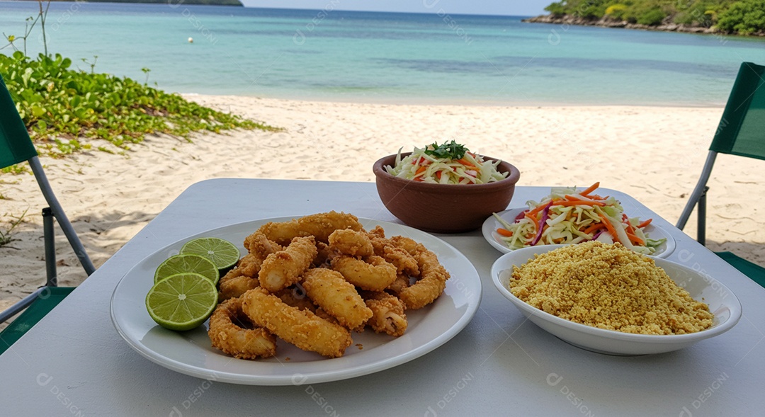 Bela refeição em um prato sobre mesa de madeira em uma praia