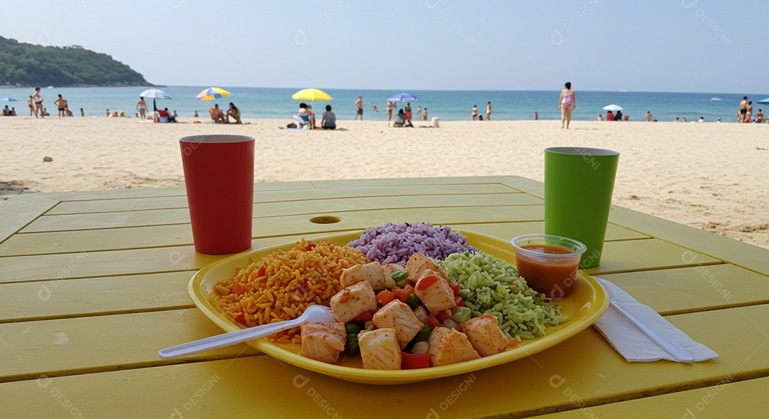 Bela refeição em um prato amarelo sobre mesa de madeira em uma praia com banhistas