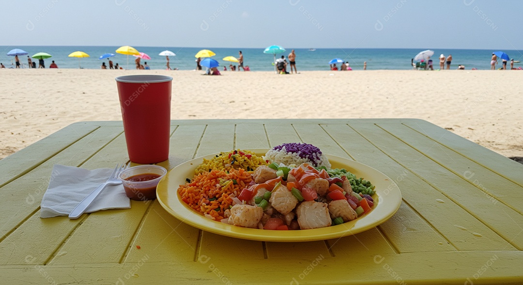 Bela refeição em um prato amarelo sobre mesa de madeira em uma praia com banhistas