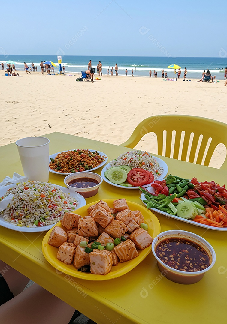 Bela refeição sobre mesa de plástico em uma linda praia com banhistas