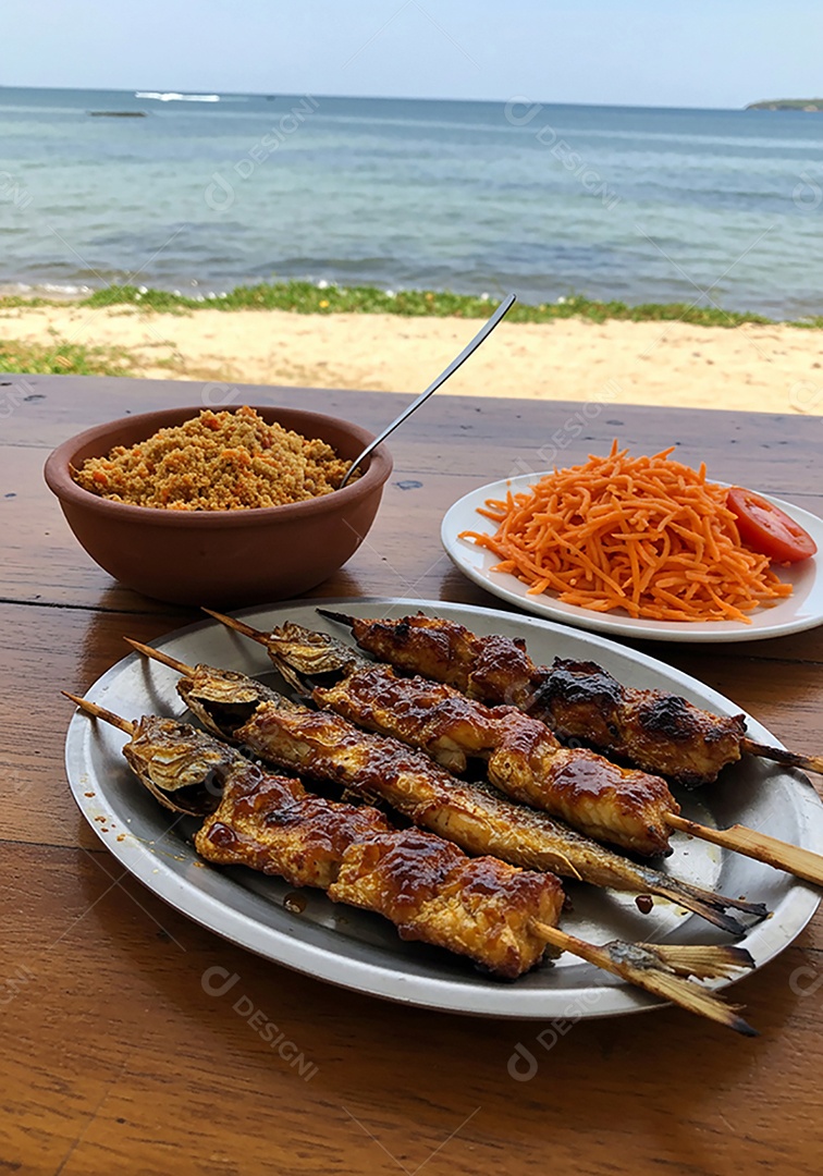 Peixe assado no espeto acompanhado com cuscuz sobre uma mesa de madeira em uma praia
