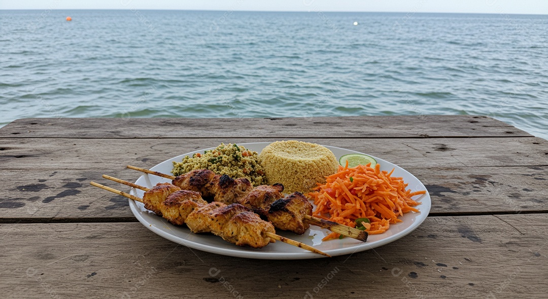 Carne assada no espeto acompanhado com paçoca sobre uma mesa de madeira em uma praia