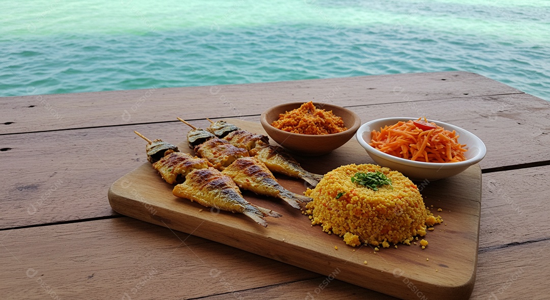 Peixe assado no espeto acompanhado com cuscuz sobre uma mesa de madeira em uma praia