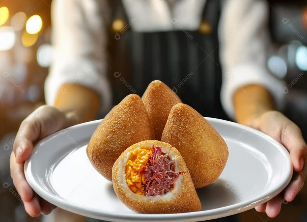Coxinhas com cheddar prato servindo