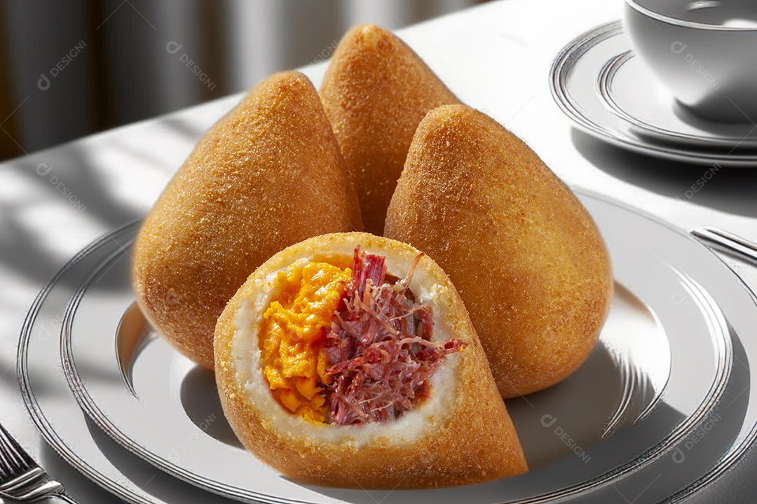 Coxinha mista com cheddar em prato