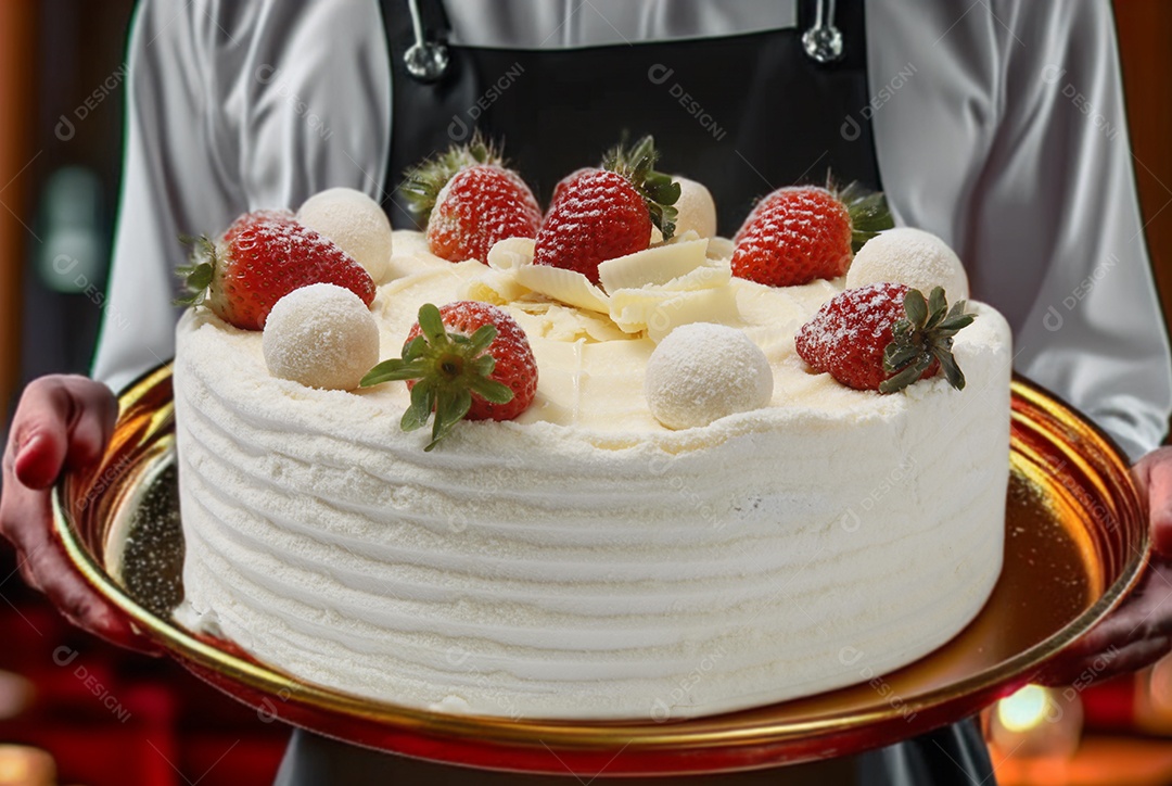 Garcom segurando bolo de chocolate branco com morangos