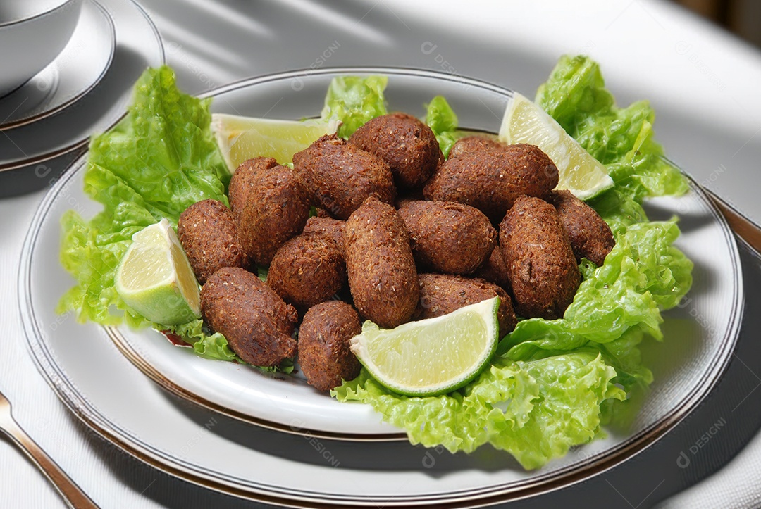 Quibes fritos em uma travessa com bandas de limãos