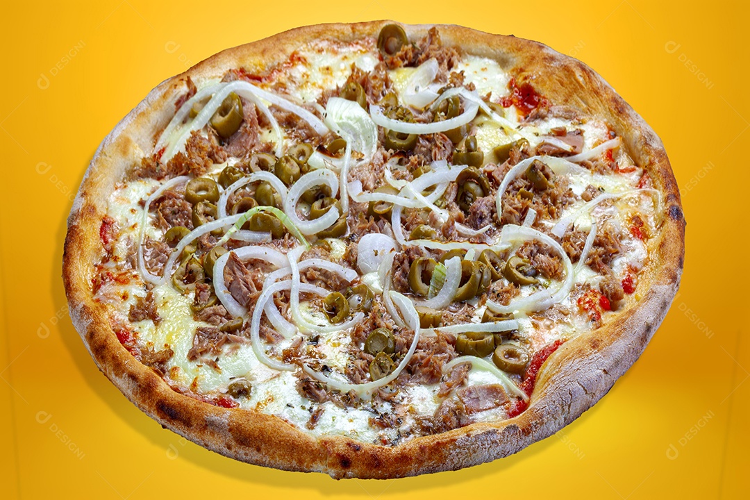 Pizza de mussarela azeitonas cebola molho de tomate e carne desfiada