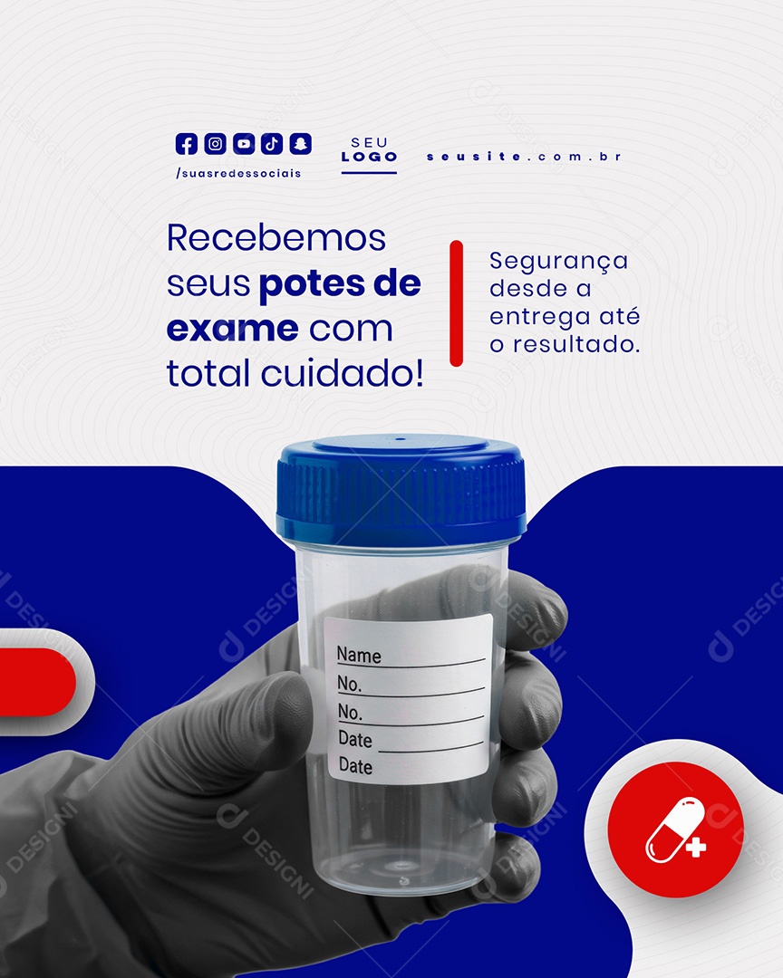 Farmácia Recebemos Seus Potes de Exames SocialMedia PSD Editável