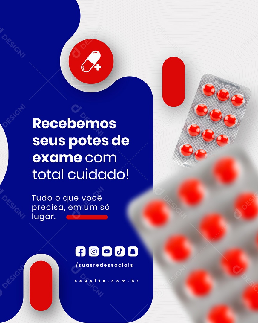 Farmácia Recebemos Seus Potes de Exames SocialMedia PSD Editável