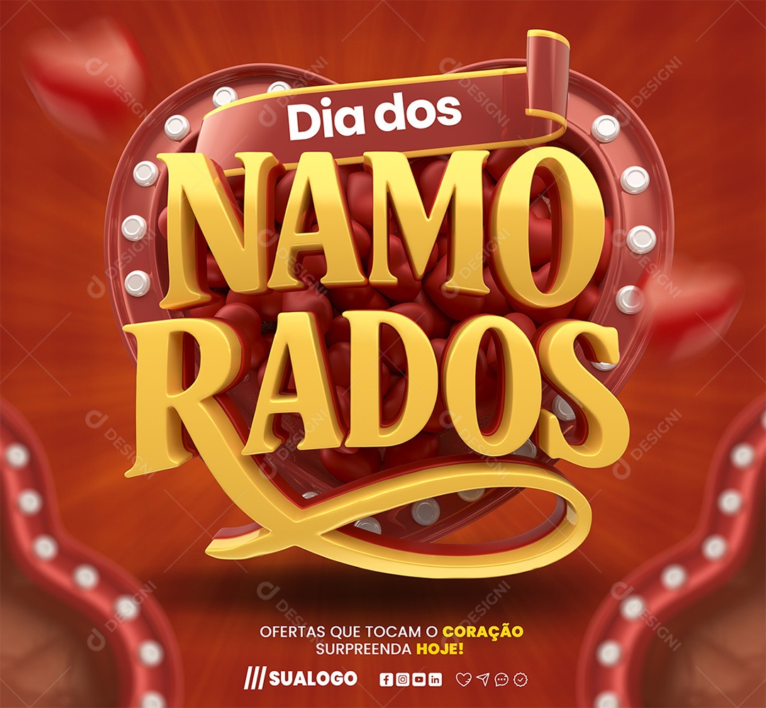 Dia dos Namorados Selo 3D Amarelo e Vermelho para Composição PSD