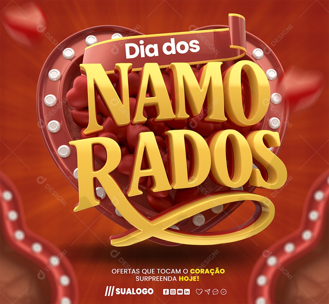 Dia dos Namorados Selo 3D Amarelo e Vermelho para Composição PSD