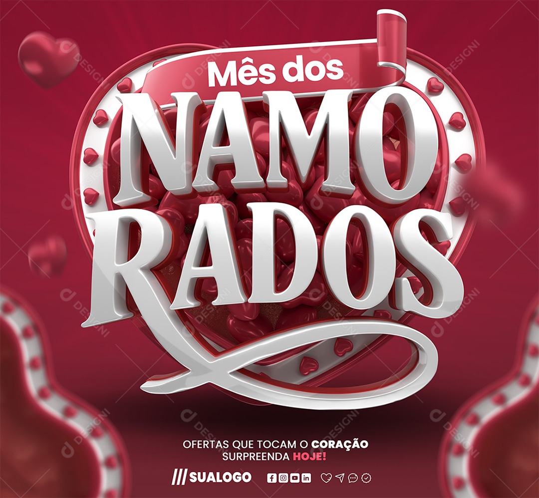 Mês dos Namorados Selo 3D Cinza e Vermelho para Composição PSD