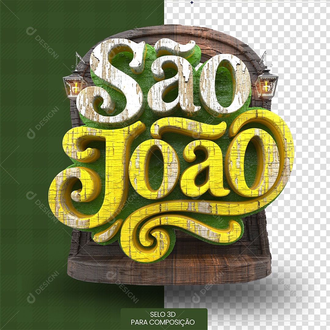 São João Selo 3D Branco e Amarelo para Composição PSD