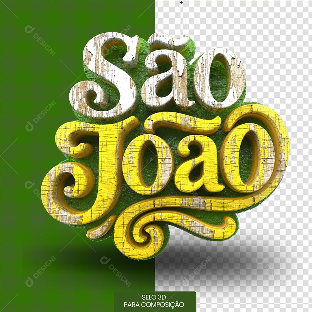 São João Selo 3D Branco e Amarelo para Composição PSD