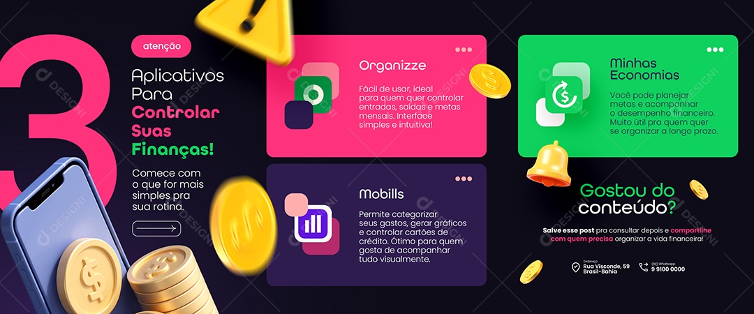 Carrossel Contabilidade Dicas Finanças Atenção Três Aplicativos Social Media PSD Editável