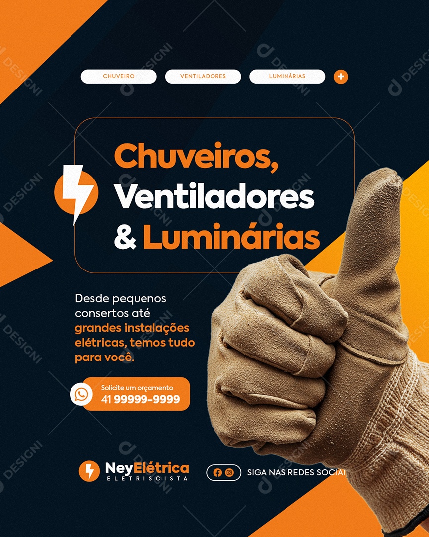 Eletricista Chuveiros Ventiladores e Luminárias Social Media PSD Editável