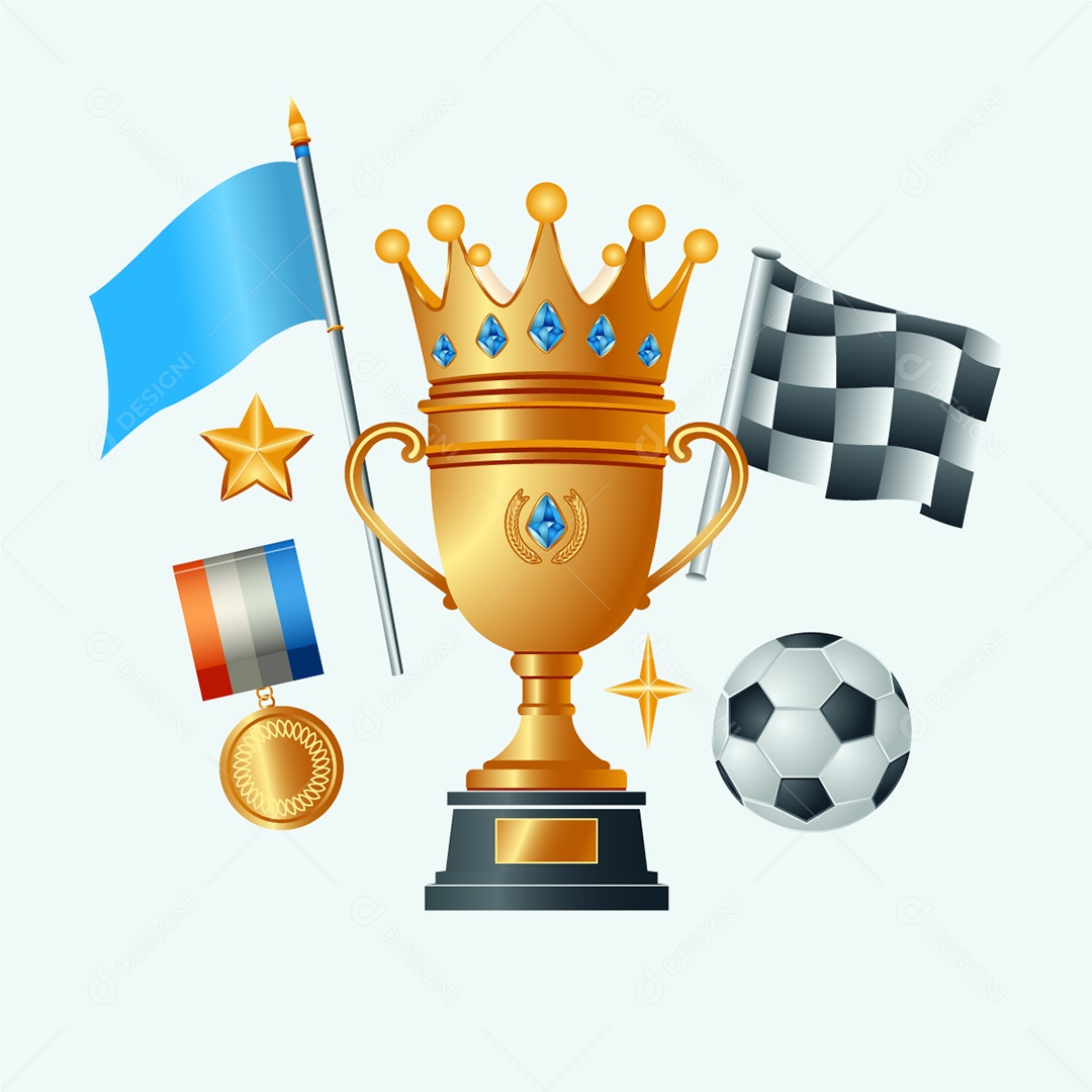 Troféu Medalha Bola Bandeira Estrela Ilustração Vetor EPS Editável