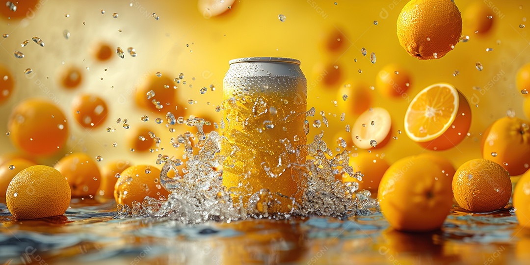 Maquete de lata de refrigerante laranja em branco com respingos de água ao redor