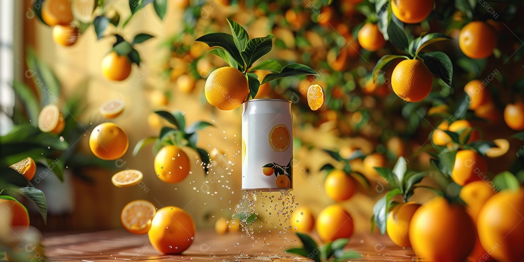 Maquete de lata de refrigerante laranja em branco com respingos de água ao redor