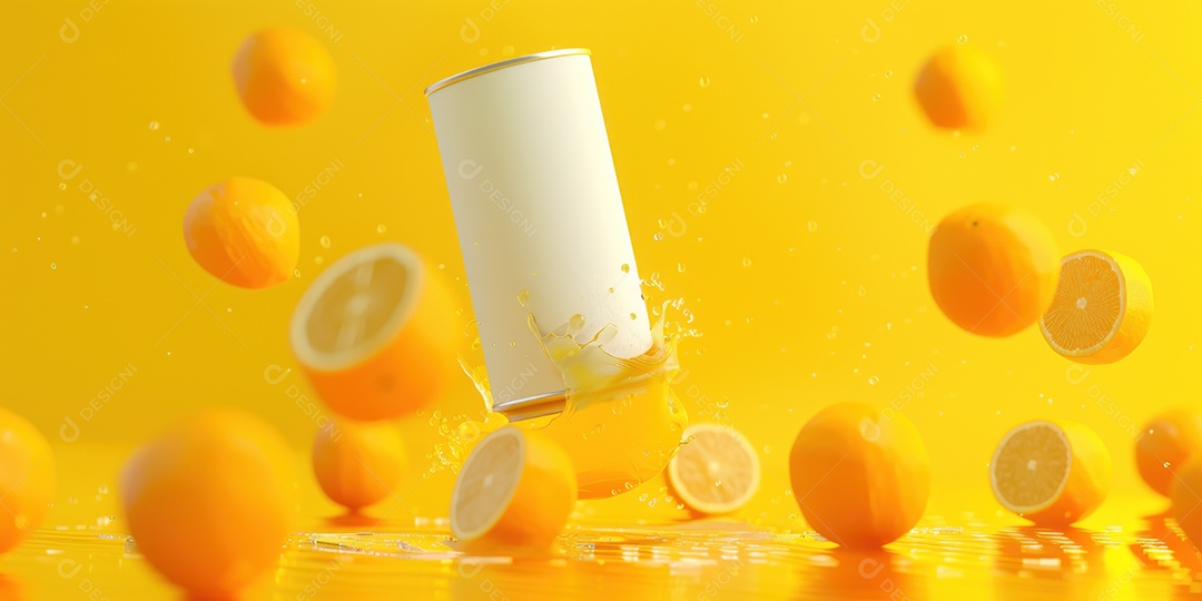 Maquete de lata de refrigerante laranja em branco com respingos de água ao redor