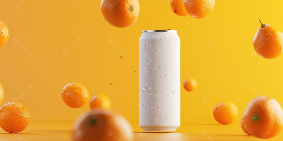 Maquete de lata de refrigerante laranja em branco com respingos de água ao redor