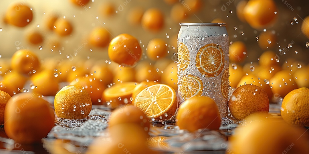 Maquete de lata de refrigerante laranja em branco com respingos de água ao redor