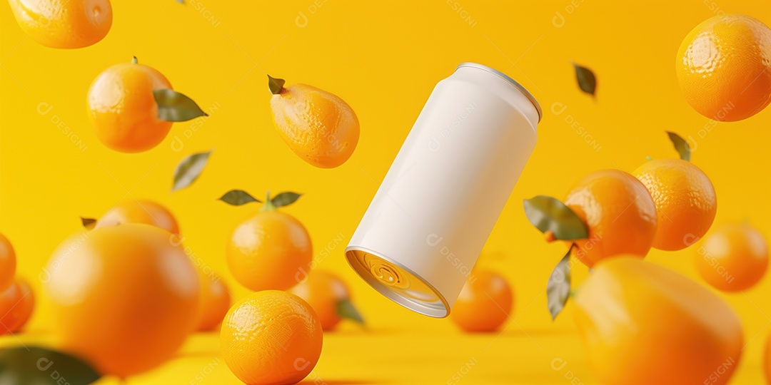 Maquete de lata de refrigerante laranja em branco com respingos de água ao redor