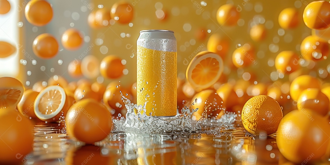 Maquete de lata de refrigerante laranja em branco com respingos de água ao redor