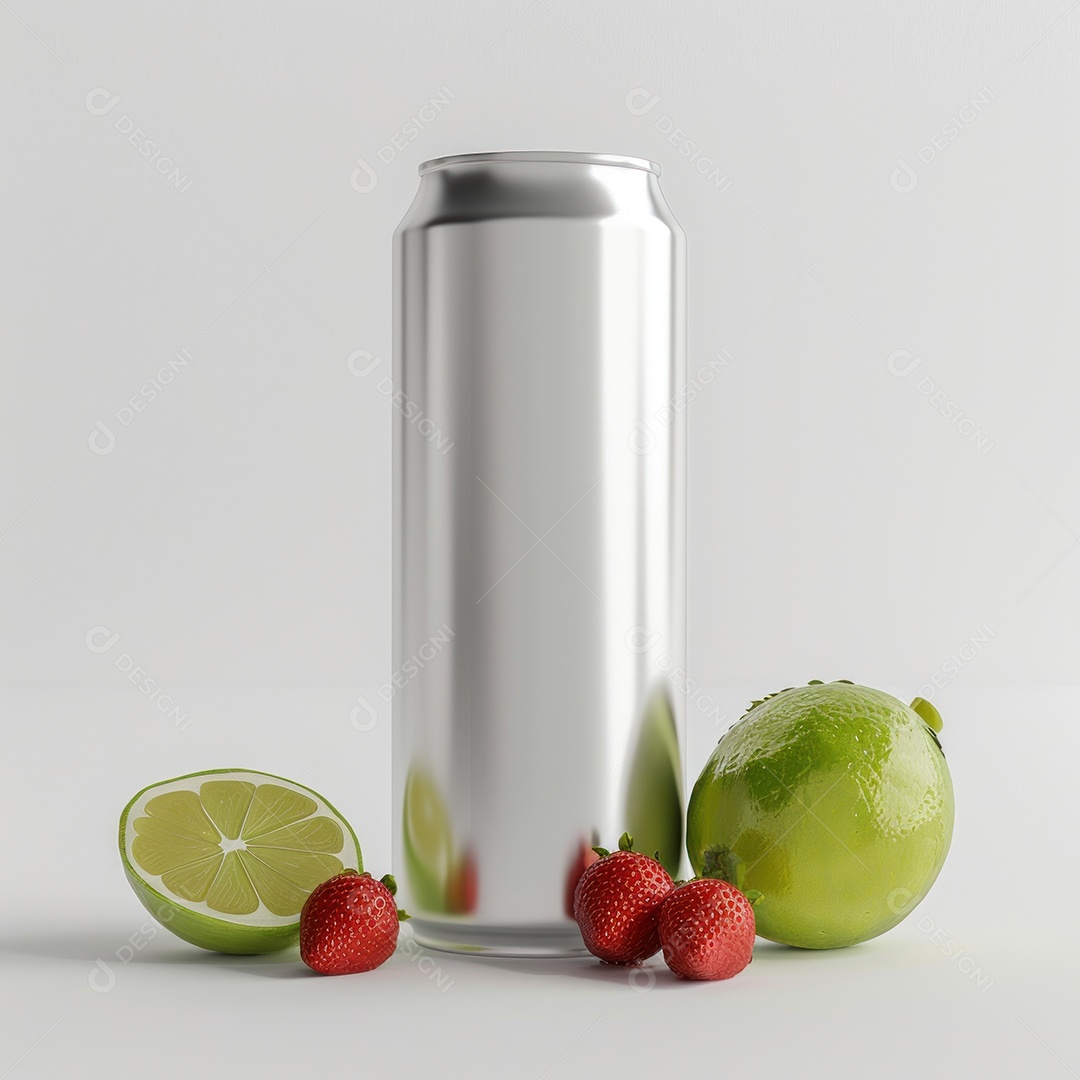 Maquete de lata de refrigerante com limão e folhas de palmeira em fundo verde