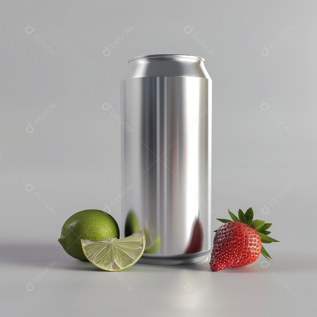 Maquete de lata de refrigerante com limão e folhas de palmeira em fundo verde