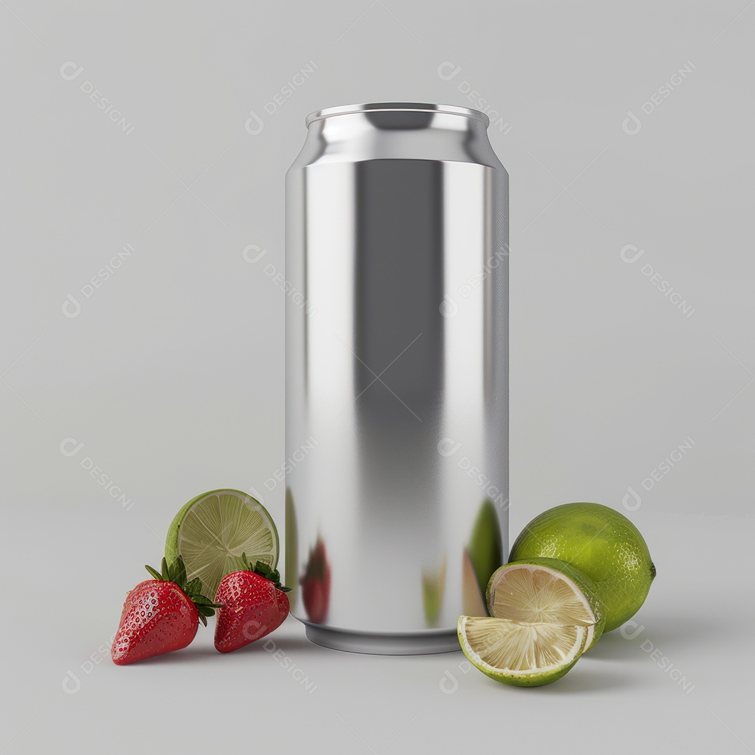 Maquete de lata de refrigerante com limão e folhas de palmeira em fundo verde