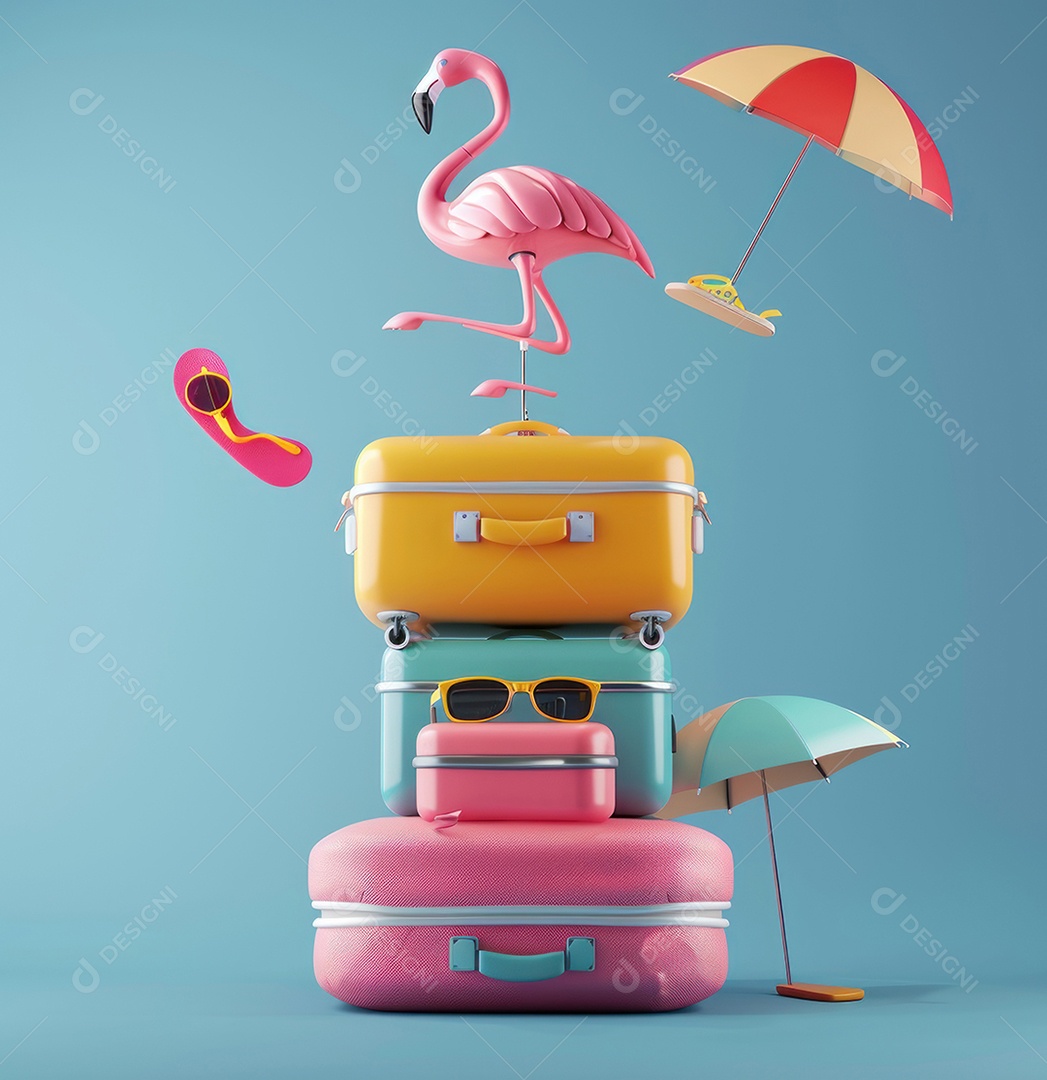 Bagagem para viagens de verão e férias com fundo azul