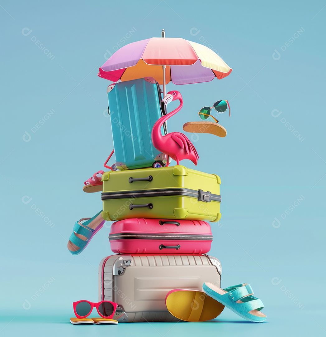 Bagagem para viagens de verão e férias com fundo azul