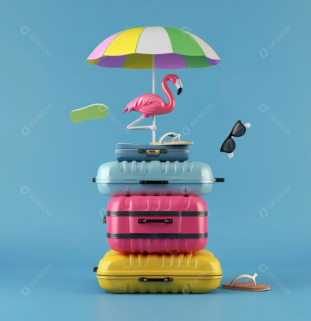 Bagagem para viagens de verão e férias com fundo azul