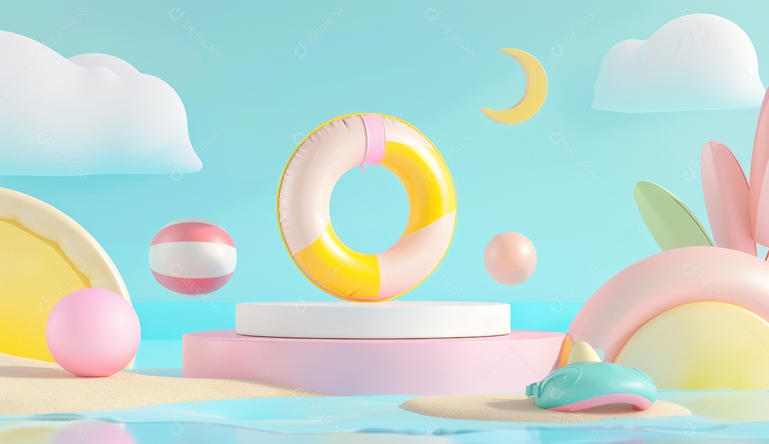 Fundo de verão com bola de praia colorida flutuando na piscina