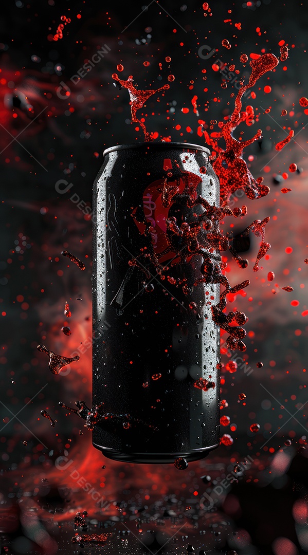 Lata de refrigerante e gotas de água em fundo preto