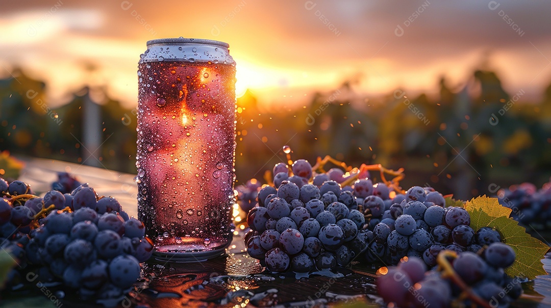 Maquete de lata inspirada em uva em meio a vastos vinhedos